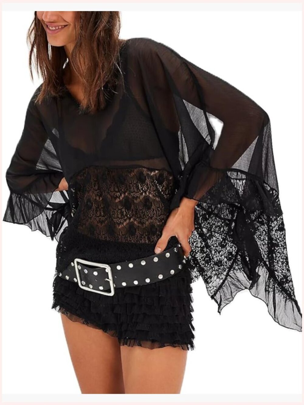 Sheer Poncho Top Oversized Batwing Sleeve Blouse Cover Up Ruffle Boho Shirt